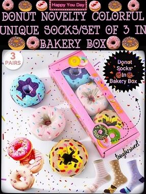 🆕️LAST BOX🍩DONUT NOVELTY COLORFUL UNIQUE SOCKS/SET OF 3 IN BAKERY BOX